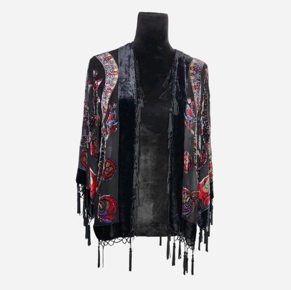JBS LTD Vtg Kimono Velvet Burnout Beaded Fringe Silk Blend Artsy Whimsigoth S
